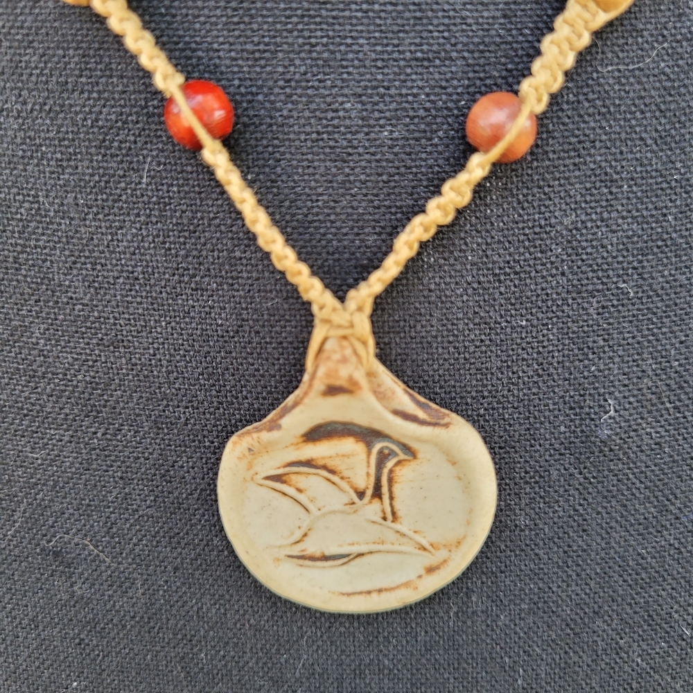 Vintage Hippie Flying Bird Ceramic Clay Hemp Wood Bead Necklace Boho Chic Beach